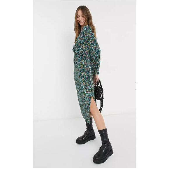 ASOS Design Midi Plisse Dress Green Floral Boho 12 - Picture 9 of 11